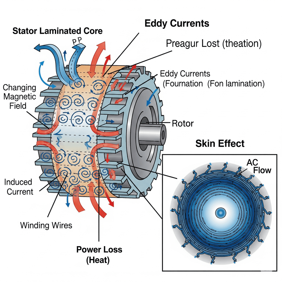Hình ảnh mô tả tác động của dòng điện xoáy Foucault và hiệu ứng da trong động cơ điện xoay chiều (AC).