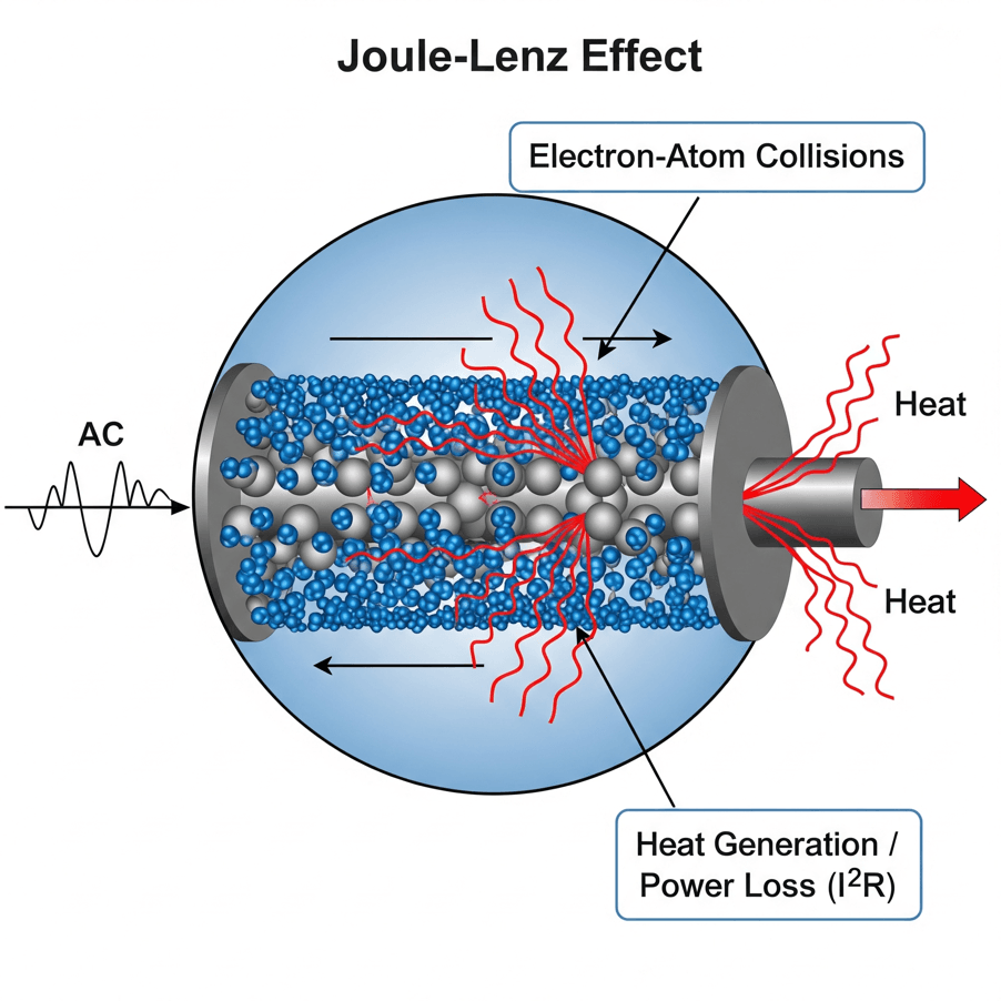 Hình ảnh mô phỏng sự va chạm giữa electron và các nguyên tử trong vật dẫn, gây ra sự tỏa nhiệt (Hiệu ứng Joule-Lenz).