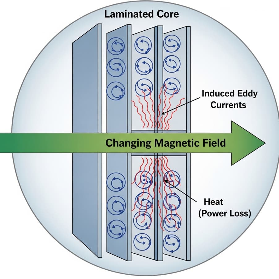 Hình ảnh chi tiết mô tả cơ chế tổn thất do dòng điện xoáy Foucault bên trong lõi từ đã được phân lớp.