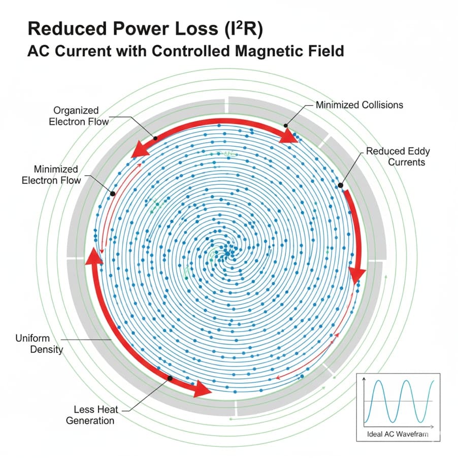 Biểu đồ minh họa sự giảm thiểu tổn thất điện năng (I²R) và tối ưu hóa dòng điện AC.