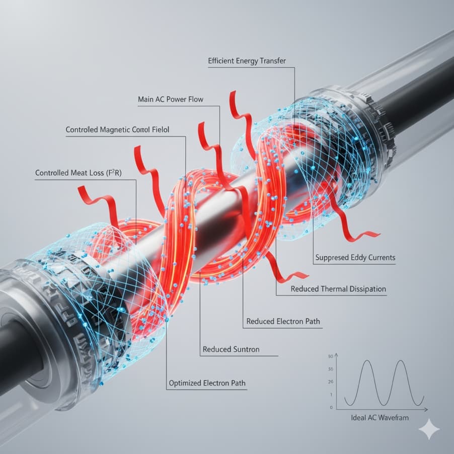 Hình ảnh 3D này tập trung vào việc mô tả luồng năng lượng hiệu quả bên trong một dây dẫn AC khi các yếu tố gây tổn thất như dòng điện xoáy Foucault và hiệu ứng da được kiểm soát tối ưu.